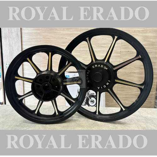 Royal Erado 9 spoke harley design alloy for classic and thunderbird double disc alloy wheel front 19” disc and rear 15” disc for broad 150 number tyre for making bike chopper bobber
