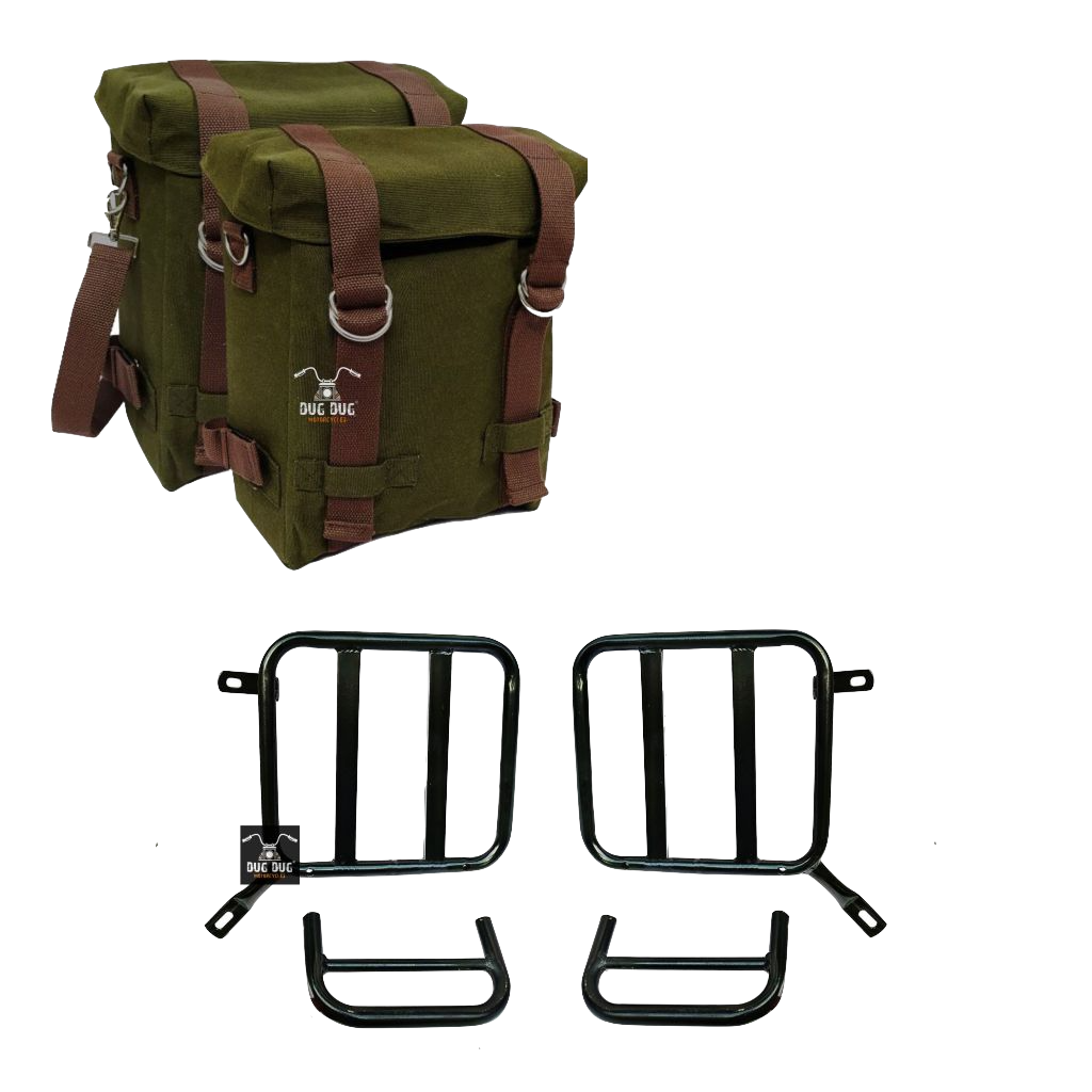 Canvas Bags and Saddle Stay Set for Royal Enfield Super Meteor 650 / METEOR 350 / / CLASSIC REBORN / CLASSIC OLD   – ARMY GREEN