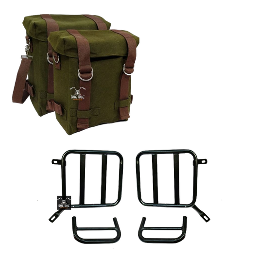 Canvas Bags and Saddle Stay Set for Royal Enfield Super Meteor 650 / METEOR 350 / / CLASSIC REBORN / CLASSIC OLD   – ARMY GREEN