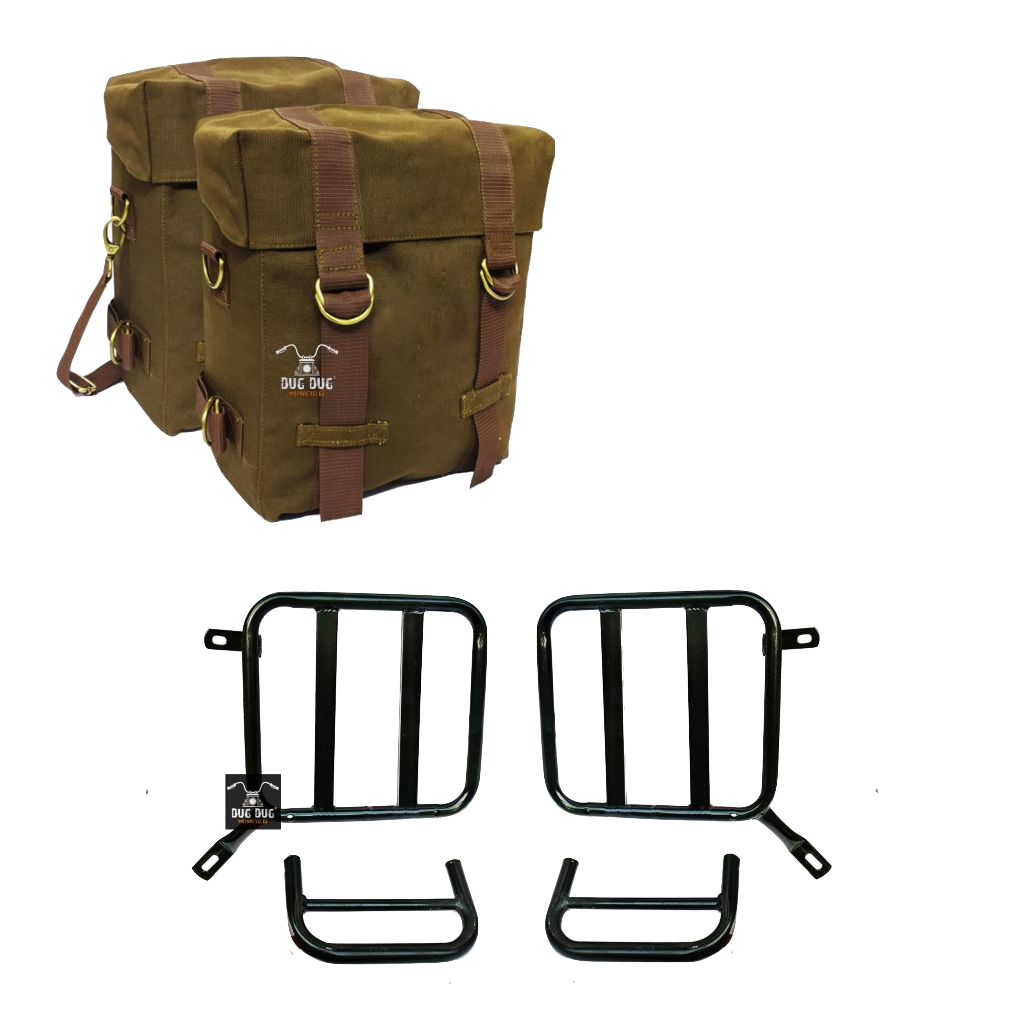 Canvas Bags and Saddle Stay Set for Royal Enfield Super Meteor 650 / METEOR 350 / / CLASSIC REBORN / CLASSIC OLD – DARK Khaki