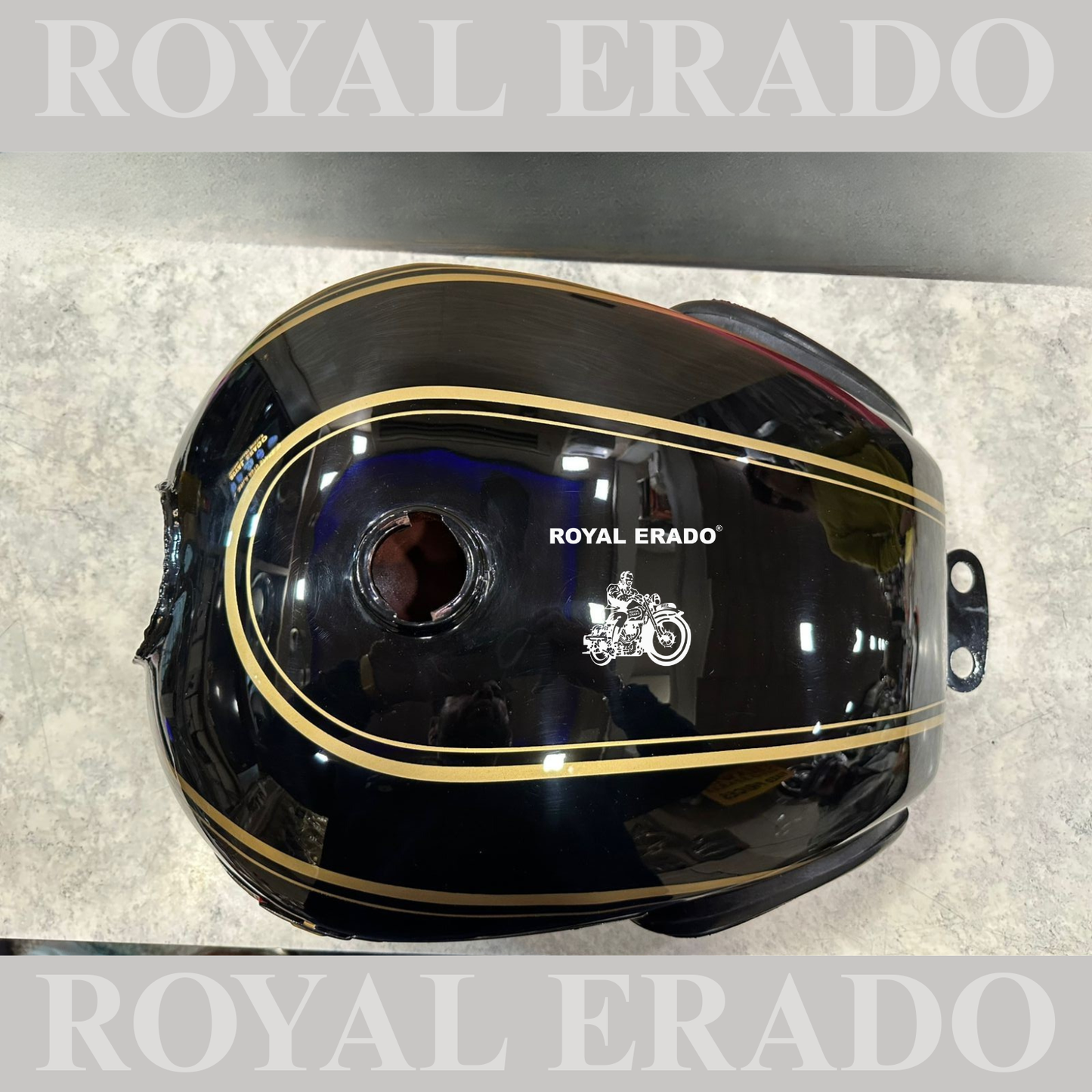 Royal Enfield bullet Classic Electra and Standard tank with Monogram and knee pad in black with golden lining in paint.