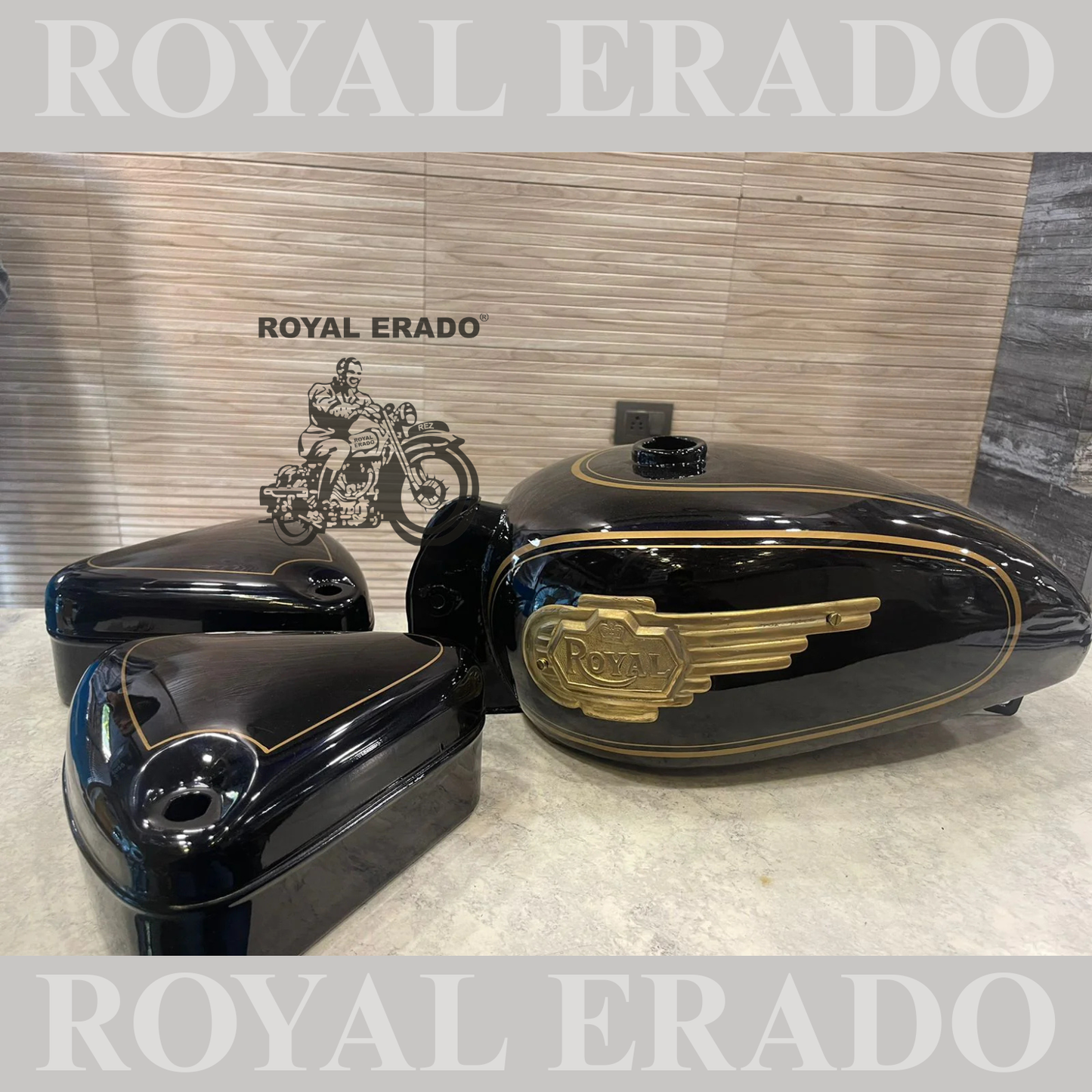 Vintage style tank and tool box for royal enfield g2 and old model standard & electra  in black with brass monogram