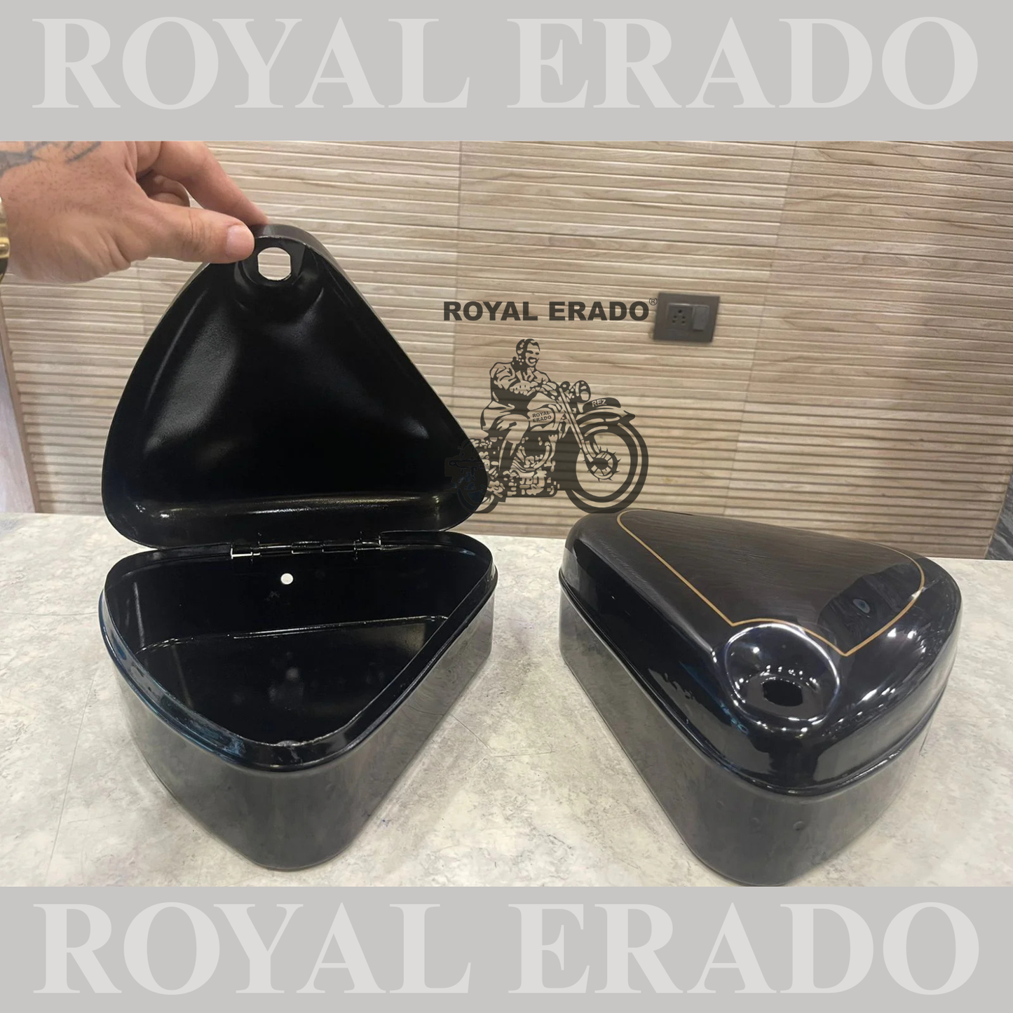 Vintage style tank and tool box for royal enfield g2 and old model standard & electra  in black with brass monogram