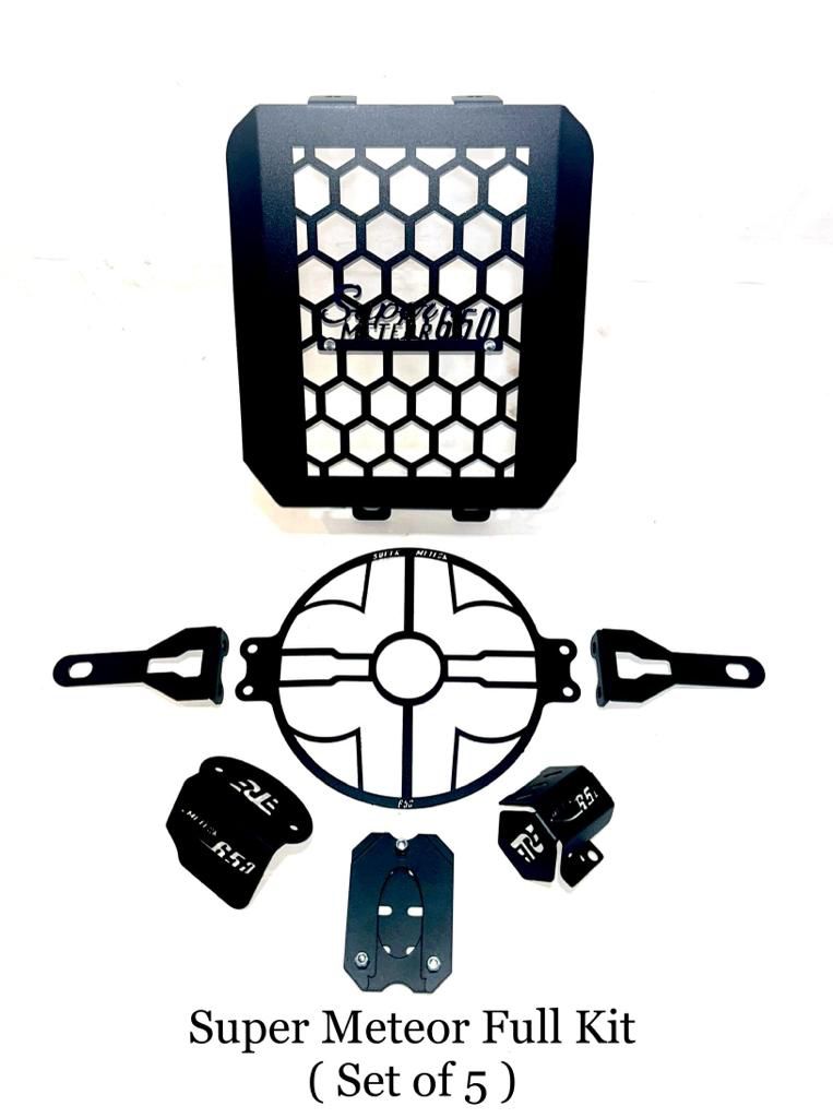 ROYAL ENFIELD SUPER METEOR KIT ( RADIATOR GUARD / Rear Brake Oil Cap /FRONT MASTER CYLINDER CAP/ HEAD LIGHT GRILL / SIDE Stand Extender
