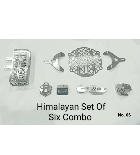 HIMALAYAN PARTS 6 PEACES IN STEEL (HEAD LIGHT GRILL , FRONT & REAR  MASTER CYLINDER CAP/ REAR OIL CAP/SIDE STAND EXTENDER /RADIATOR GRILL