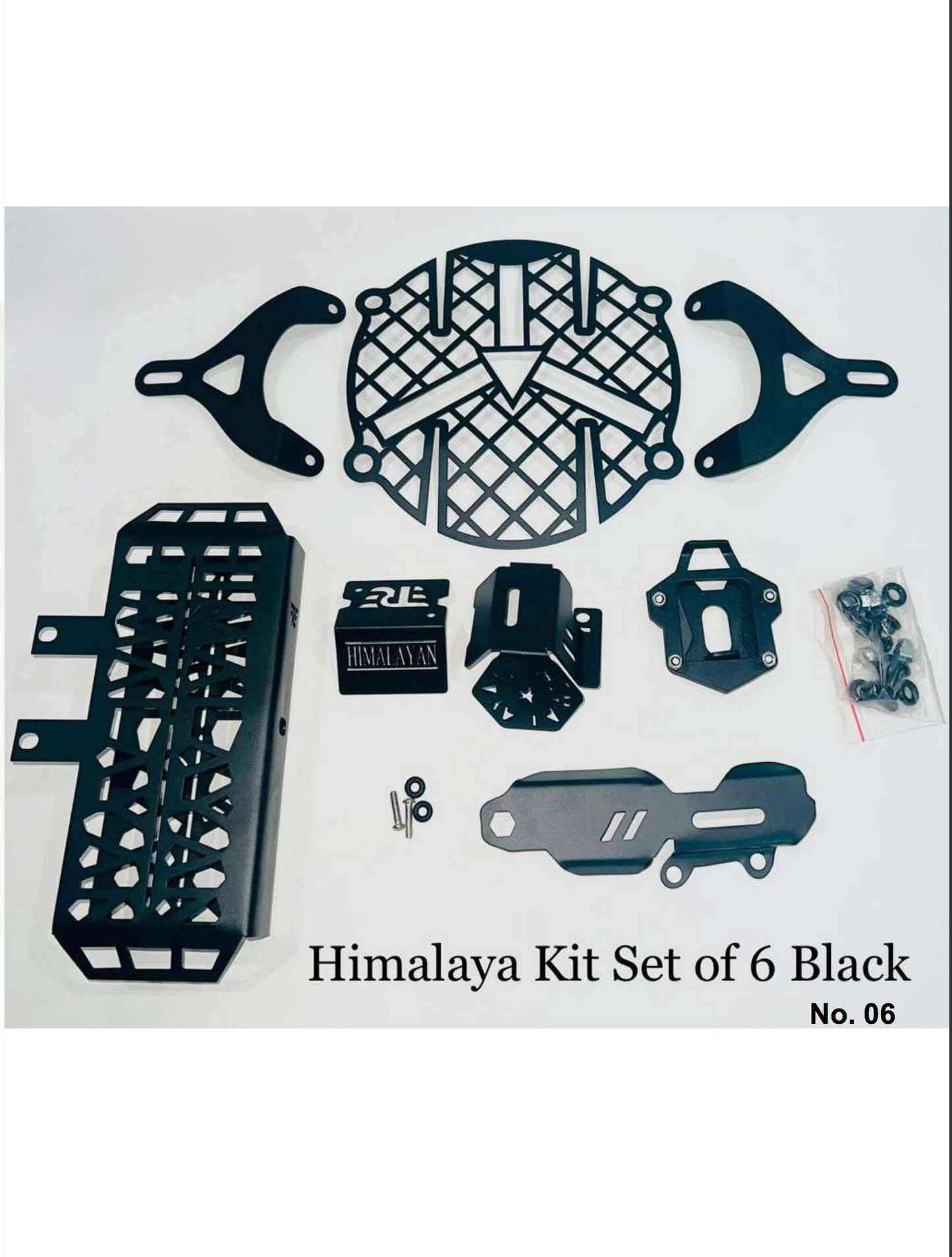 HIMALAYAN PARTS 6 PEACES IN BLACK (HEAD LIGHT GRILL , FRONT & REAR MASTER CYLINDER CAP/ REAR OIL CAP/SIDE STAND EXTENDER /RADIATOR GRILL