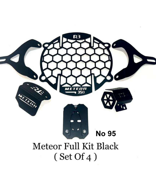 ROYAL ENFIELD METEOR KIT OF 4 BLACK ( HEAD LIGHT GRILL / SIDE STAND EXTENDER / OIL CA / MASTER CYLINDER CAP )