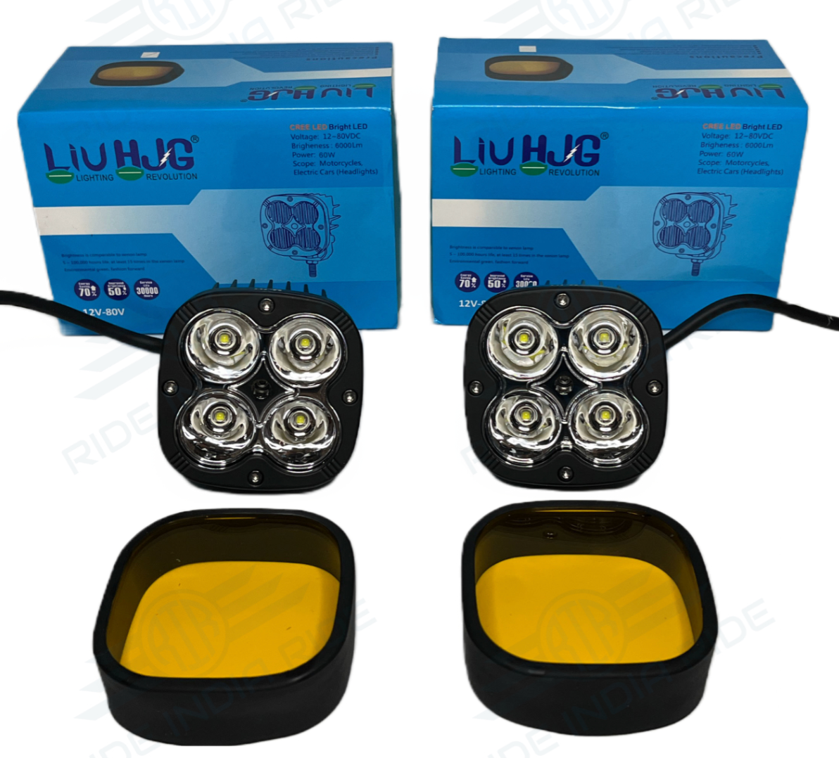 PAIR OF HJG UNIVERSAL 4 LED FOG light WITH YELOOW COVER for royal enfield classic , electra , standard , JAWA , THAR , ETC