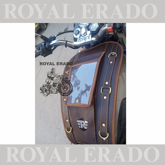 Tank cover in brown with phone holder for Royal Enfield Reborn Classic Electra Standard Battalion Meteor 350