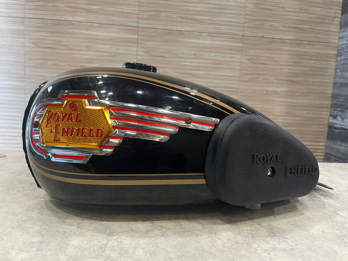 Machismo style tank black with monogram and knee pad for royal enfield g2 vintage & standard electra and classic.