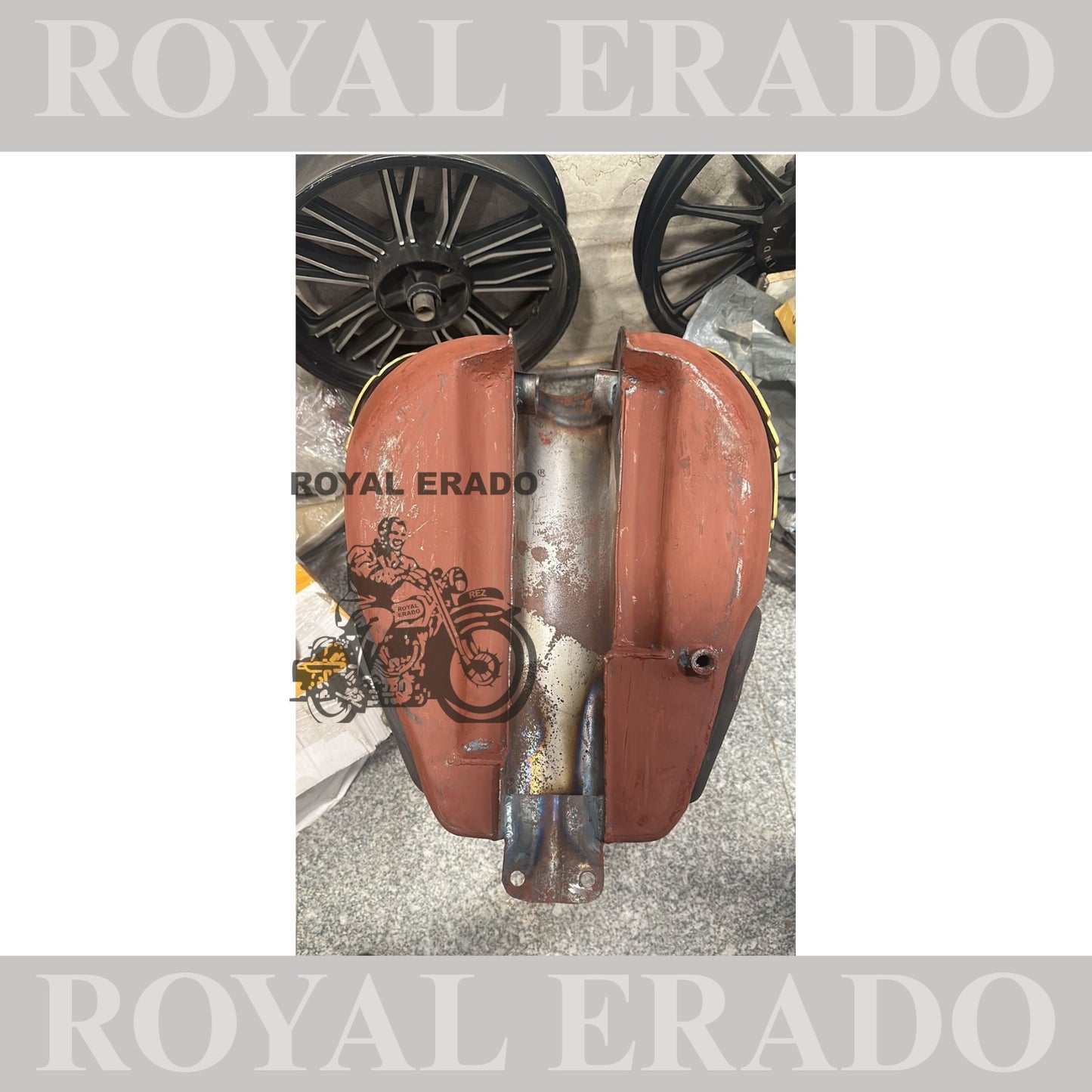 Royal enfield classic electra standard tank in raw with brass monogram , brass grill and rubber knee pads