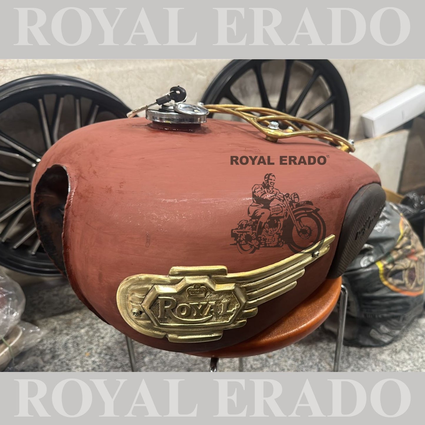 Royal enfield classic electra standard tank in raw with brass monogram , brass grill and rubber knee pads
