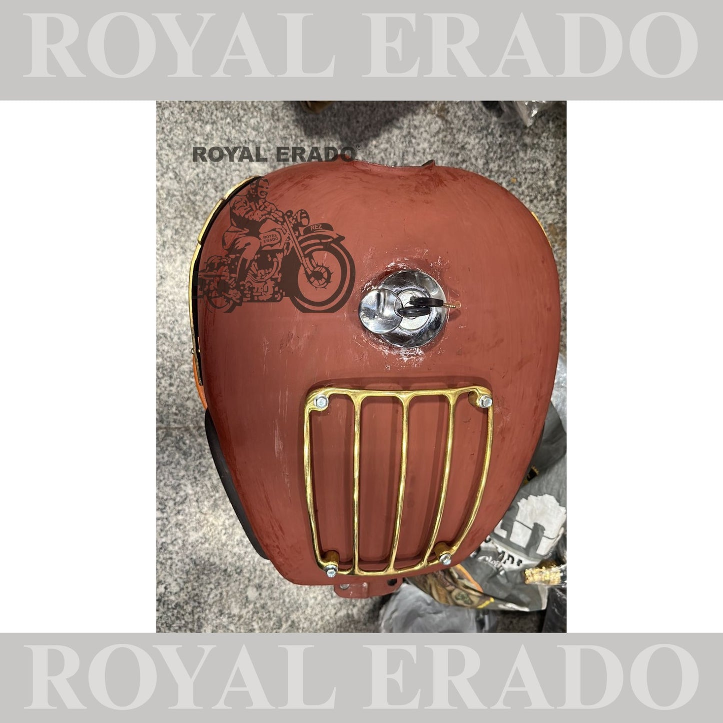 Royal enfield classic electra standard tank in raw with brass monogram , brass grill and rubber knee pads