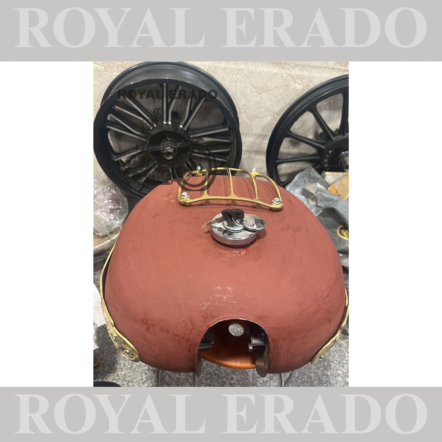 Royal enfield classic electra standard tank in raw with brass monogram , brass grill and rubber knee pads
