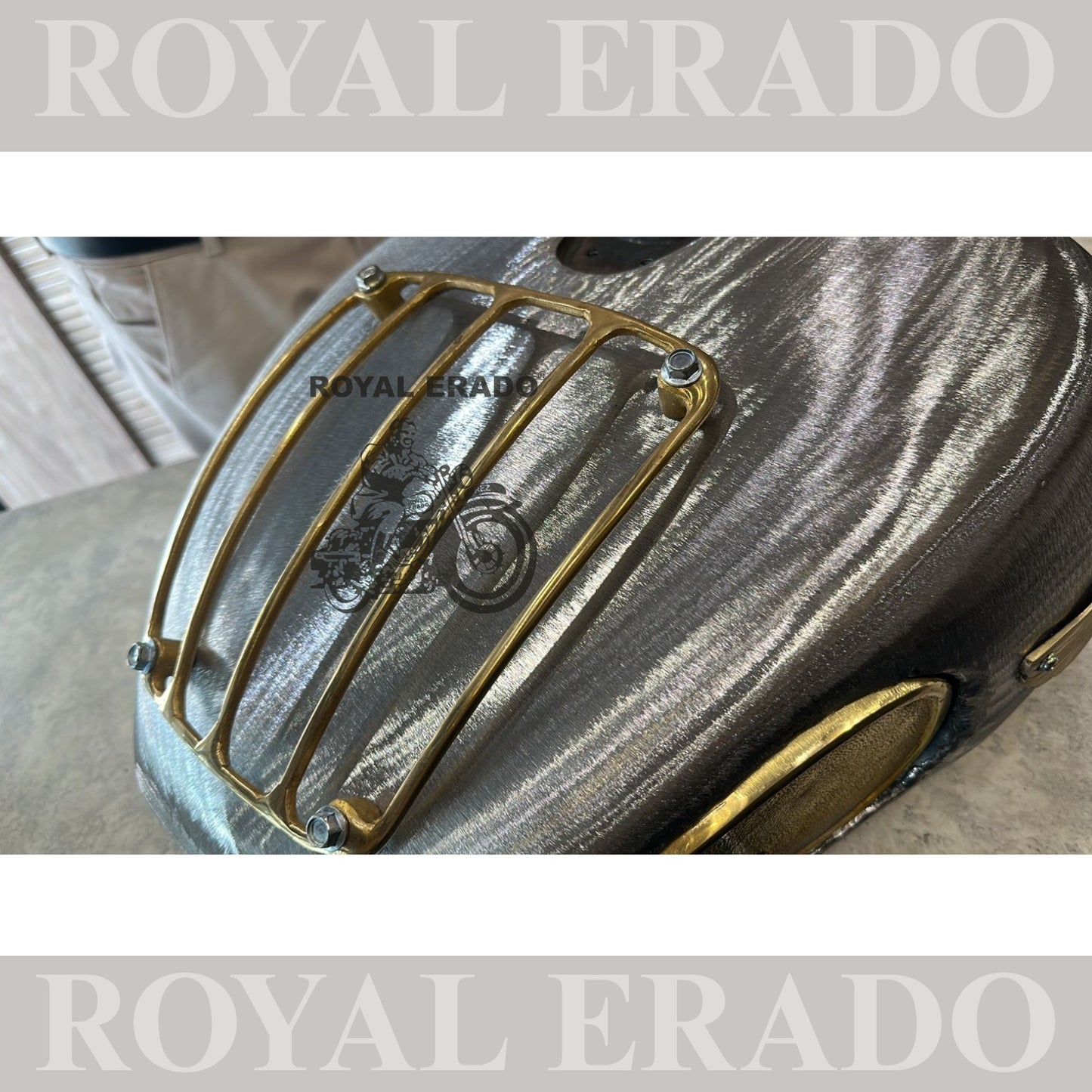 Royal Enfield Classic Electra Standard tank in raw with brass star monogram , brass grill and brass knee pads