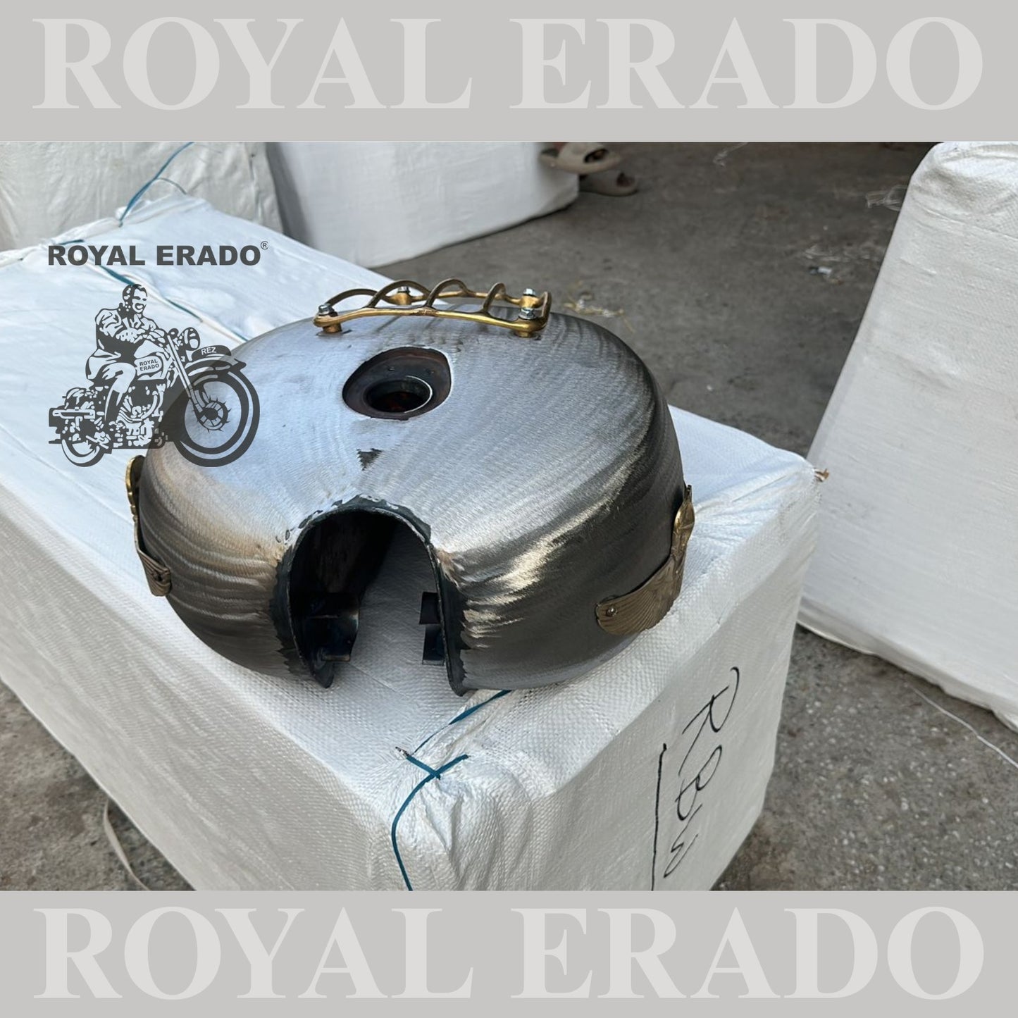 Royal Enfield Classic Electra Standard tank in raw with brass star monogram , brass grill and brass knee pads