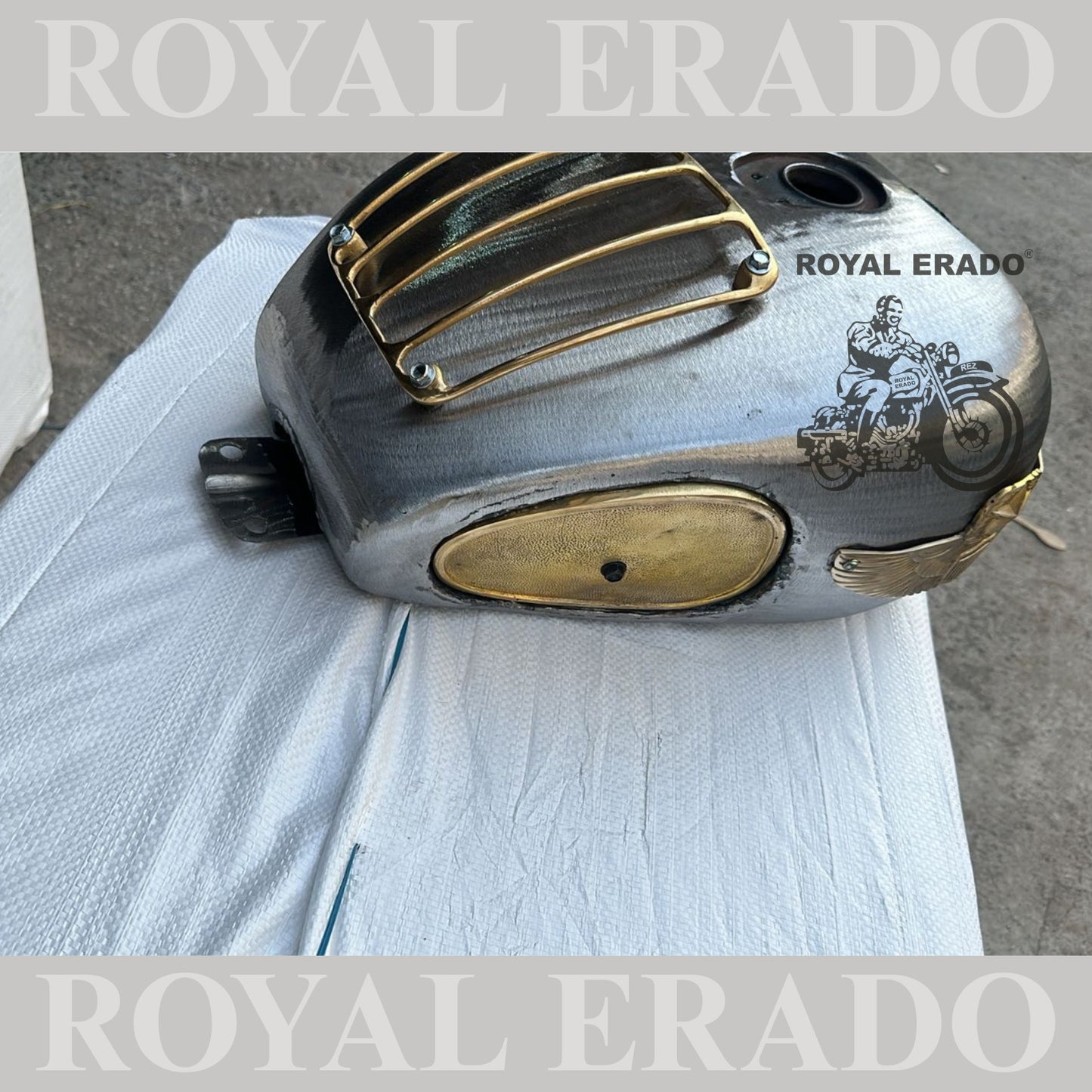 Royal Enfield Classic Electra Standard tank in raw with brass star monogram , brass grill and brass knee pads