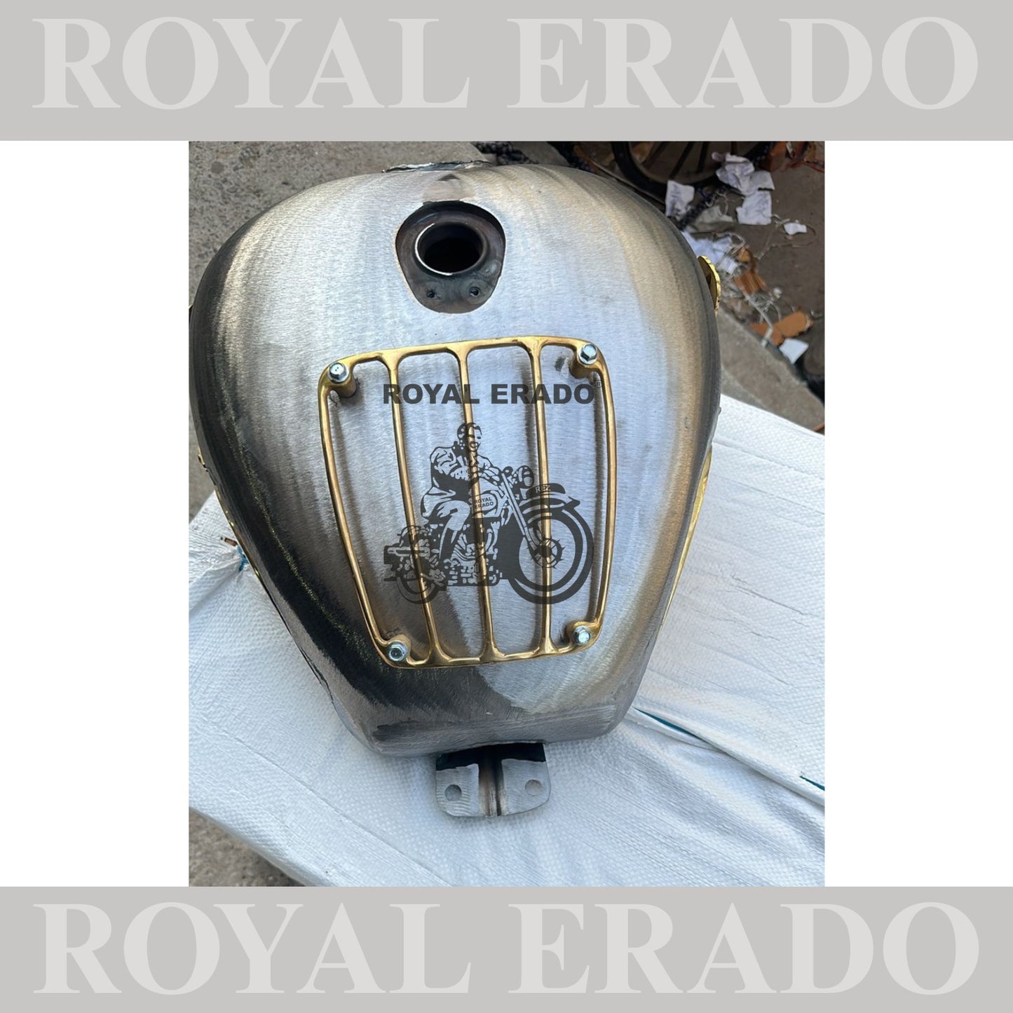 Royal Enfield Classic Electra Standard tank in raw with brass star monogram , brass grill and brass knee pads