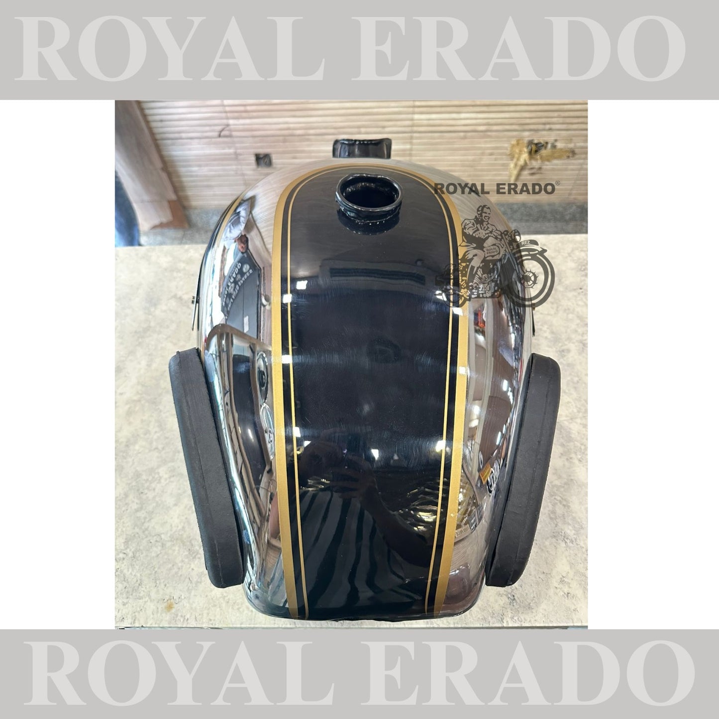 Royal Enfield tank old model tank 1962 vintage g2 style machismo tank with knee pad and monogram in black chrome 