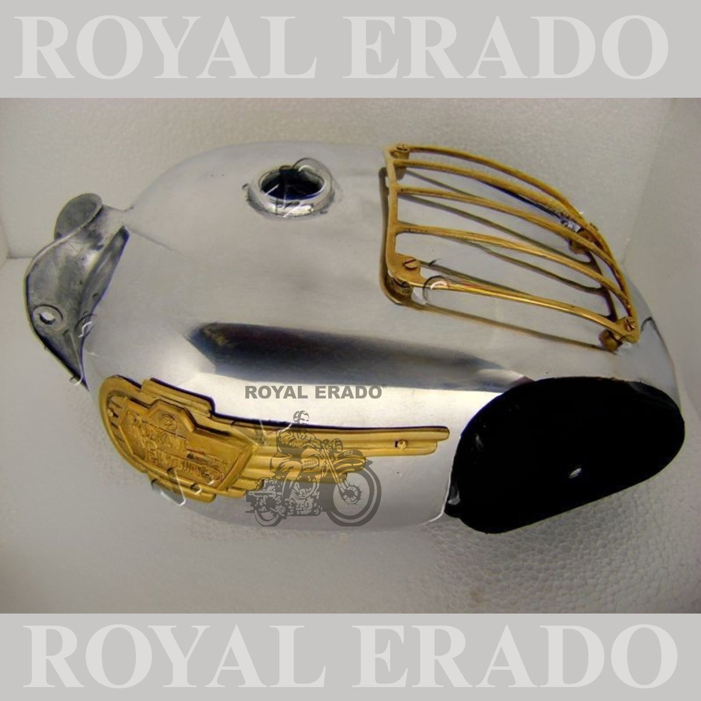 Royal Enfield Classic Electra Standard 18 to 20 litters tank in chrome with brass grill and knee pad & brass monogram