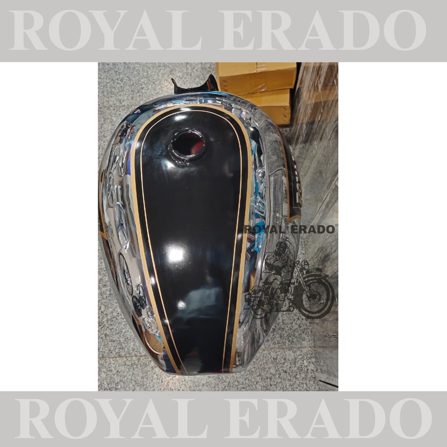 Royal Enfield classic style chrome black tank for Electra Standard and Classic with golden lining.