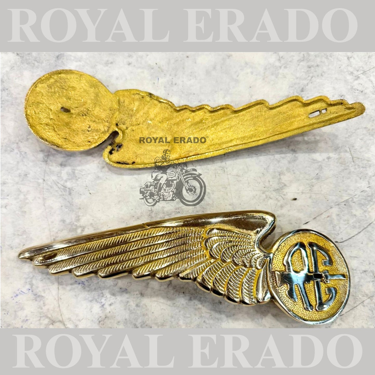 Royal Enfield RE gun wing monogram in brass tank monogram , Custom bobber Royal Enfield wing monograms