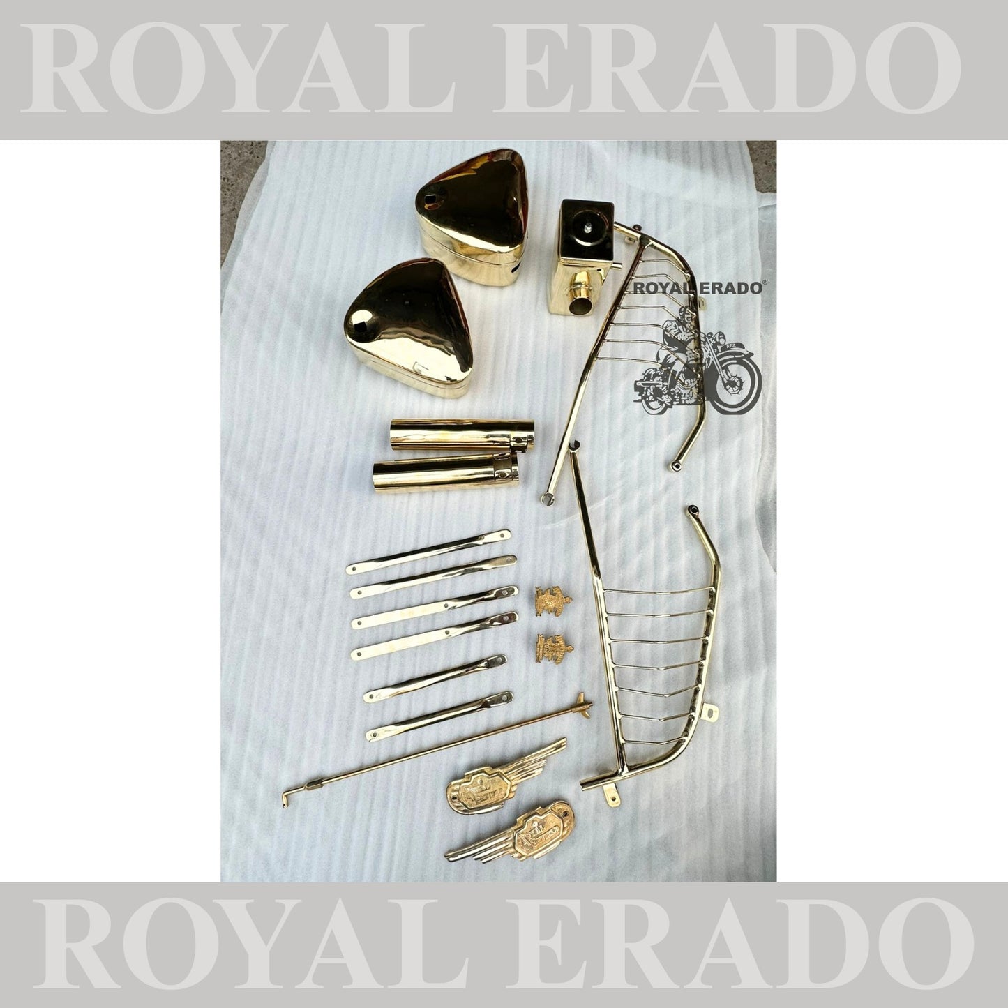 Royal Enfield brass kit can be made for Classic Electra and Standard Includes front and rear mudguard stays with saree guard , tool box brass , air filter box brass ,shocker cover brass , rear brake rod , tank monogram , 2pcs made like a gun monogram