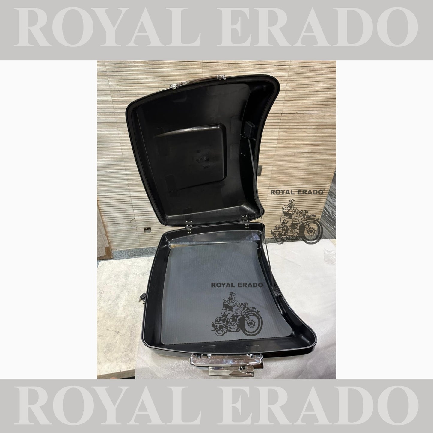 Harley Davidson style top box for all bikes Royal Enfield Super Meteor 650 fab bob and other cruiser bikes