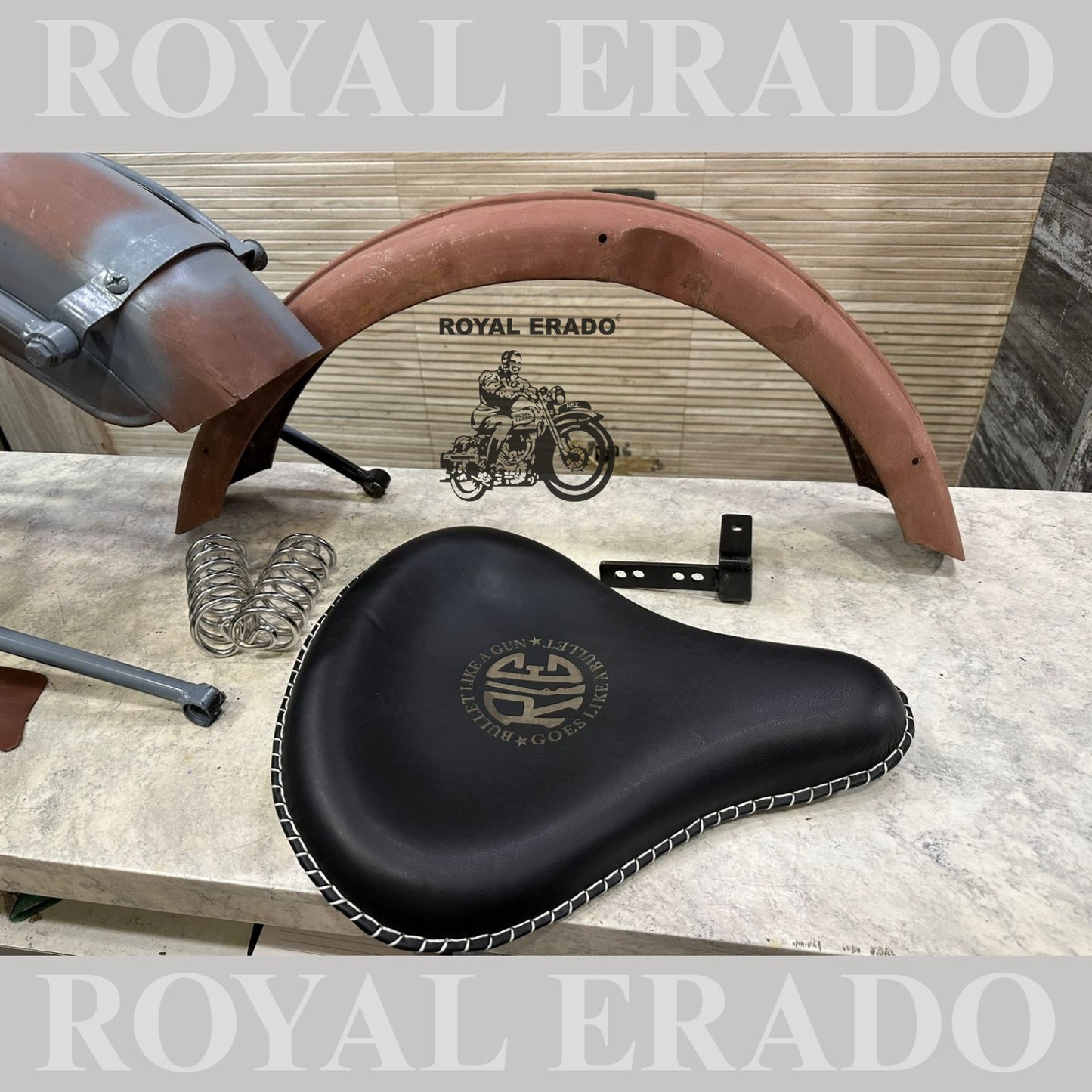 Royal Enfield complete vintage g2 1962 old model kit with g2 mudguards , leather seat and rear stay tool boxes