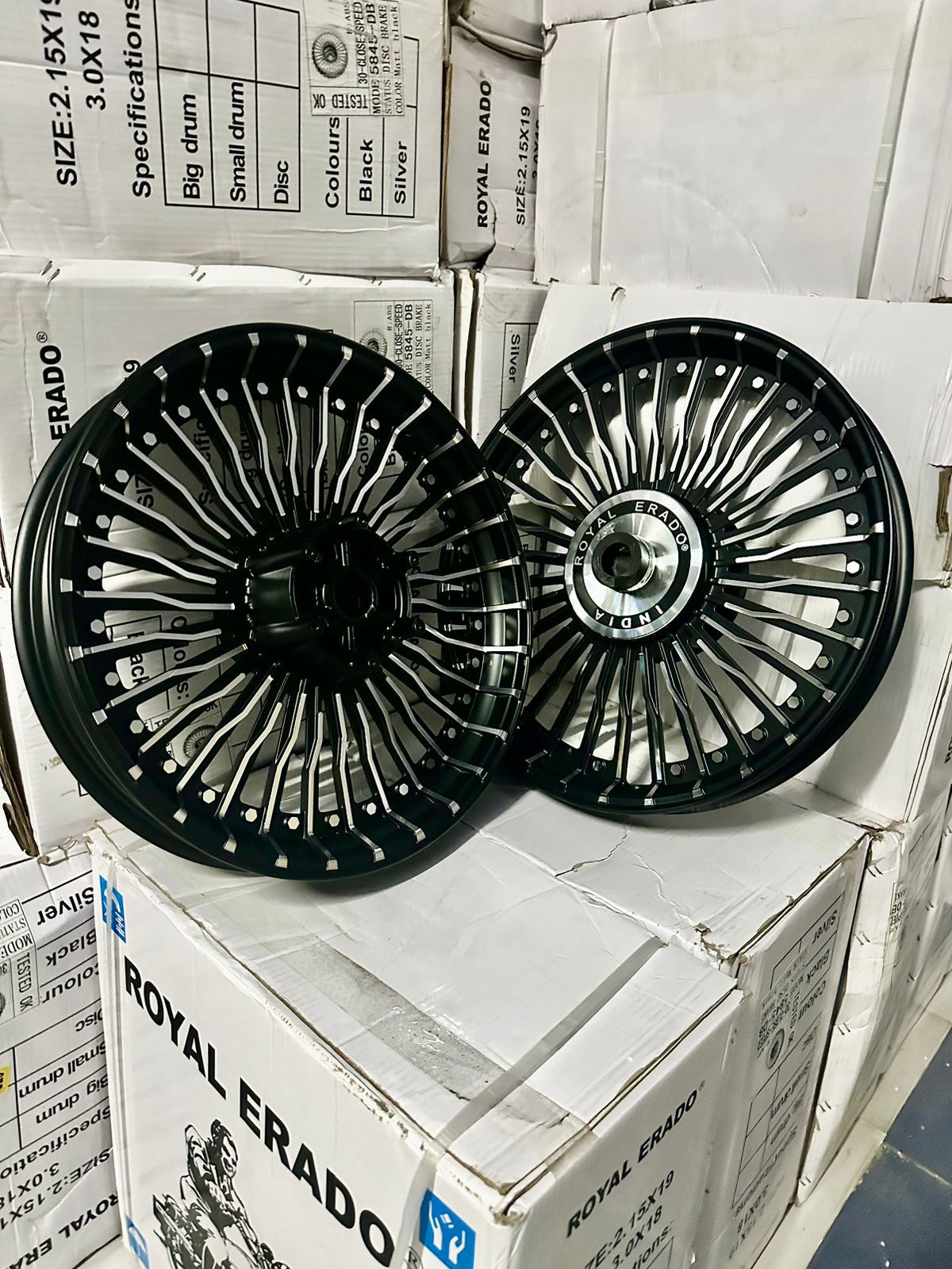 Royal Erado 30 spoke Harley design alloy wheel for Royal Enfield Classic Reborn and Standard Battalion double disc front 19” disc and rear 18” disc.