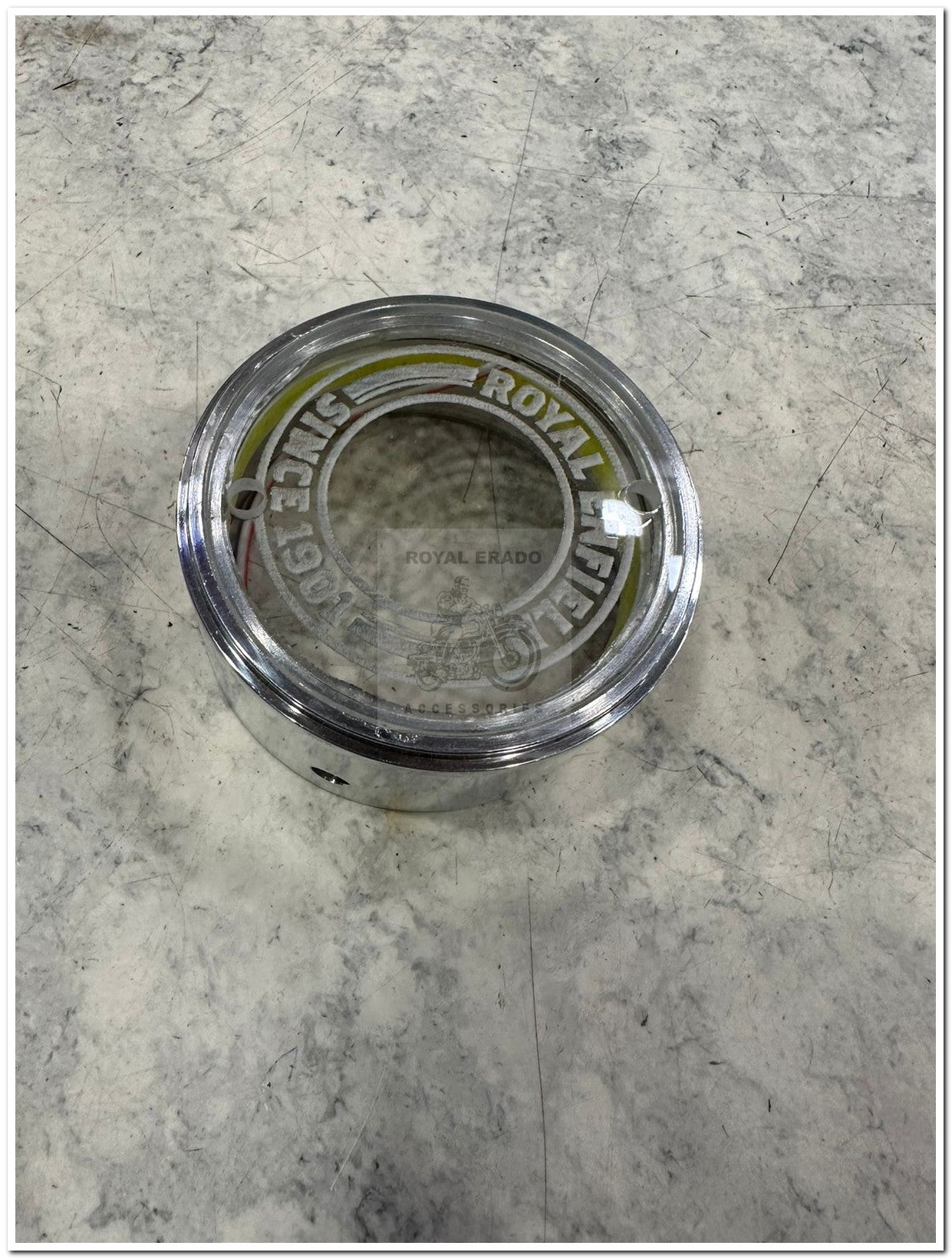 Royal Enfield vintage g2 1962 old model bullet 350 standard electra Ci engine cast iron engine point cover Delco cap with glass in chrome with leg light and Royal Enfield logo which shows the spark inside the bike