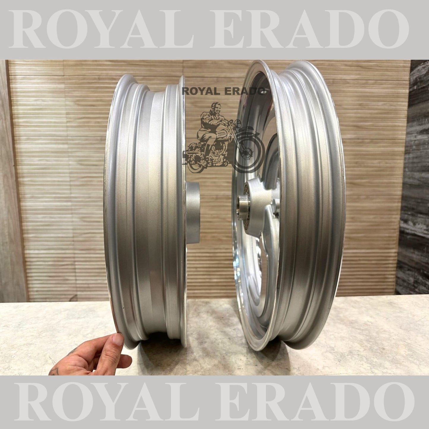 Raceby / kingway 3 spoke Talwar silver alloy wheel for Royal Enfield Reborn Classic and Standard Battalion single disc