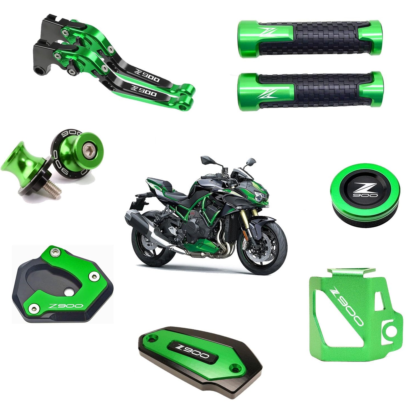 Combo of Kawasaki Z900 Accessories Lever Clutch, Handle Grip, Front and Rear Brake Fluid Cover, Disc Oil Cap, Bike Side Stand Extender with Z900 Logo Complete 7Items (Green)