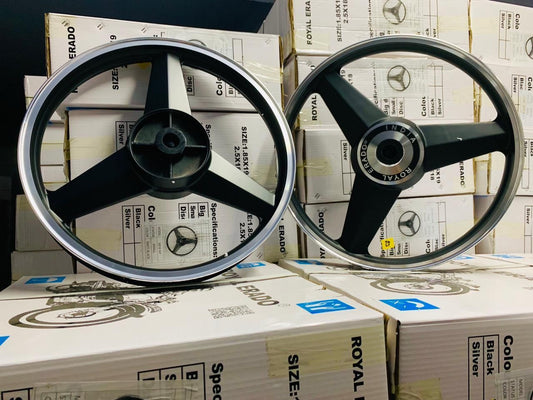 ROYAL ERADO Mercedes Diamond black Alloy Wheel without line Set BIG drum brake | For Splendor I3S N SPLENDOR PLUS N SPLENDOR PRO, Passion PRO & PLUS, CD Deluxe, CD Dawn from 2018 MODELS & Super Splendor & Glamour