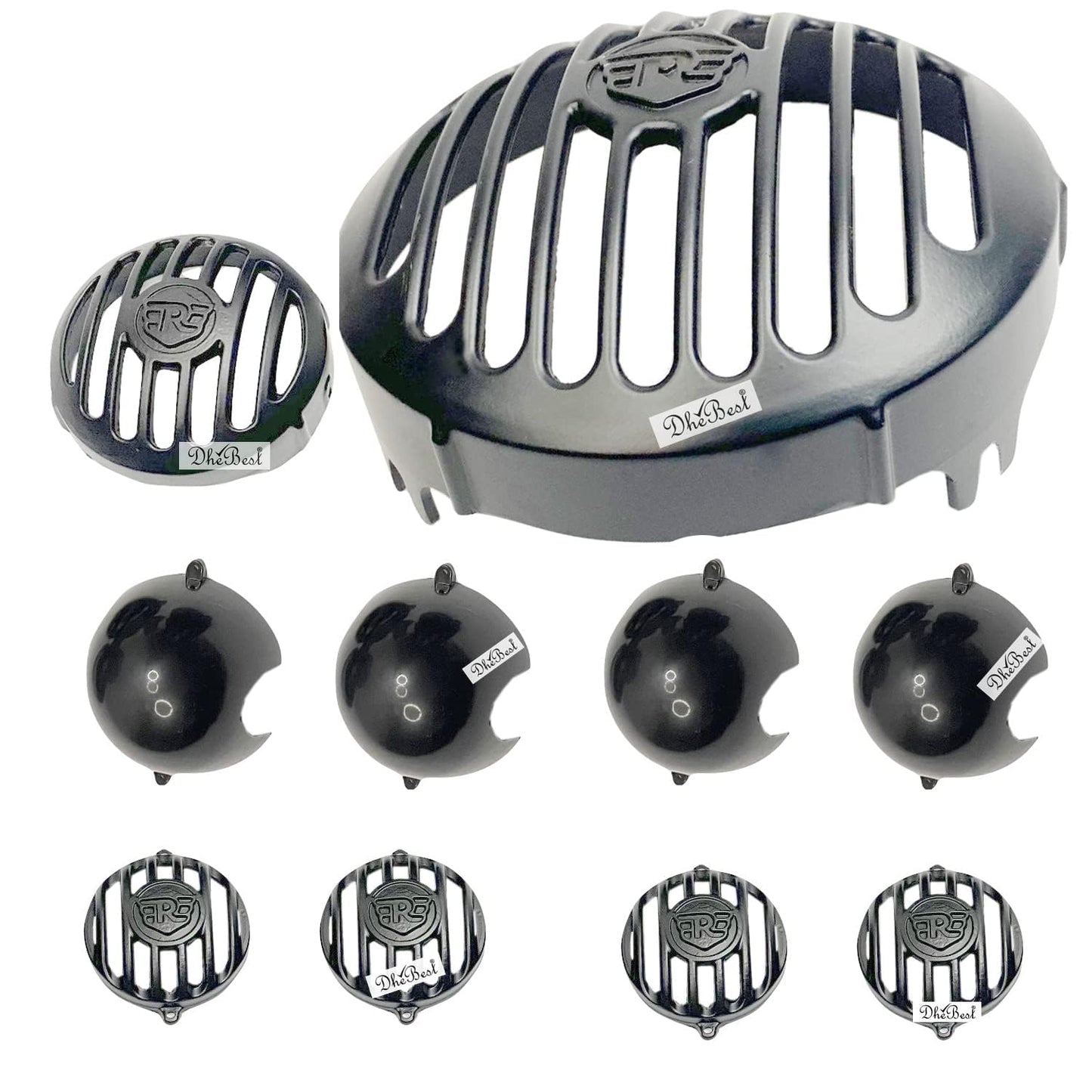 CNC Head Light Grill/Jali + Indicator Cap and Headlight Indicator Grill Metal Black Set of 10 Compatible with Royal Enfield Hunter 350.