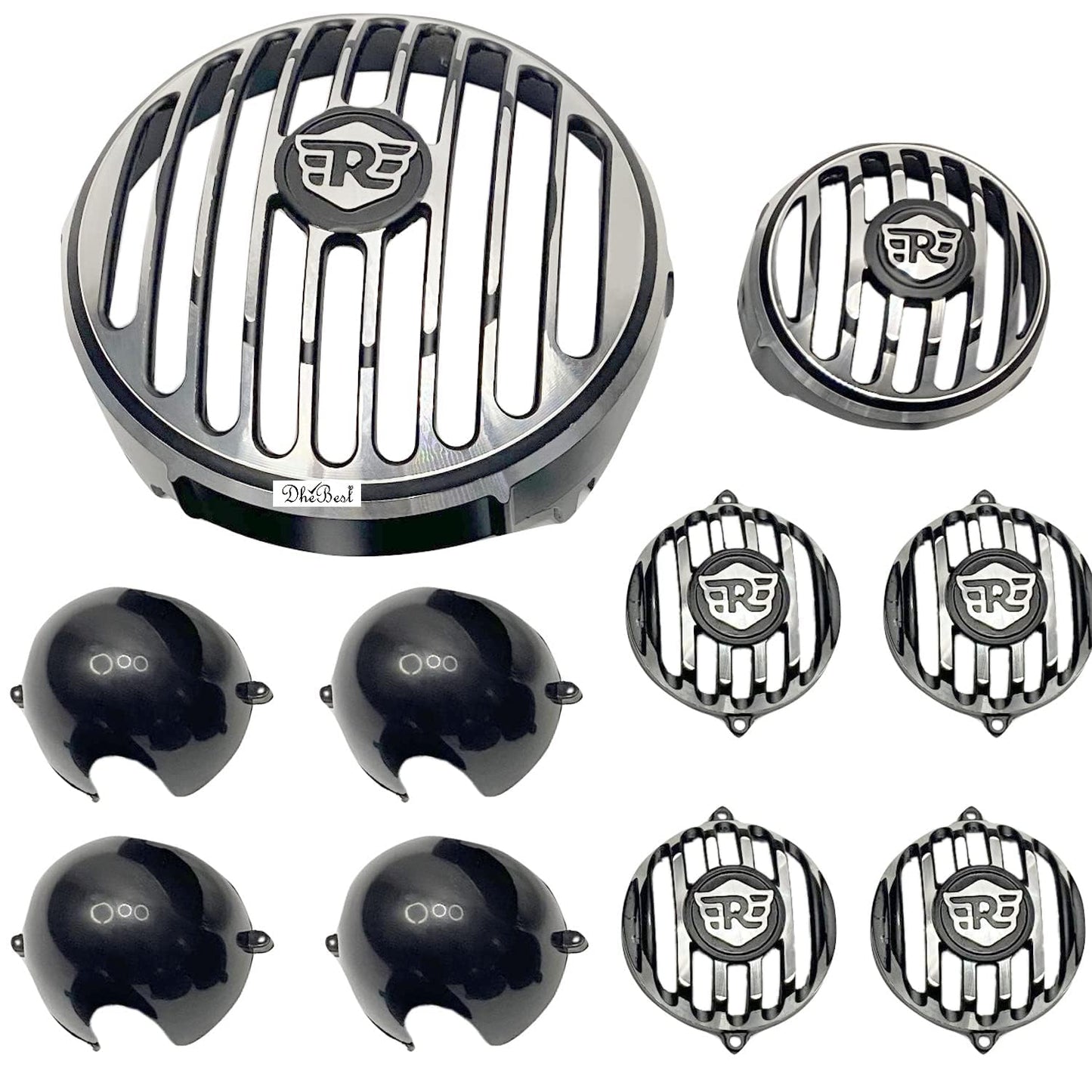 CNC Head Light Grill/Jalli + Indicator Cap and Headlight Indicator Grill Metal Black Set of 10 Compatible with Royal Enfield Hunter 350.
