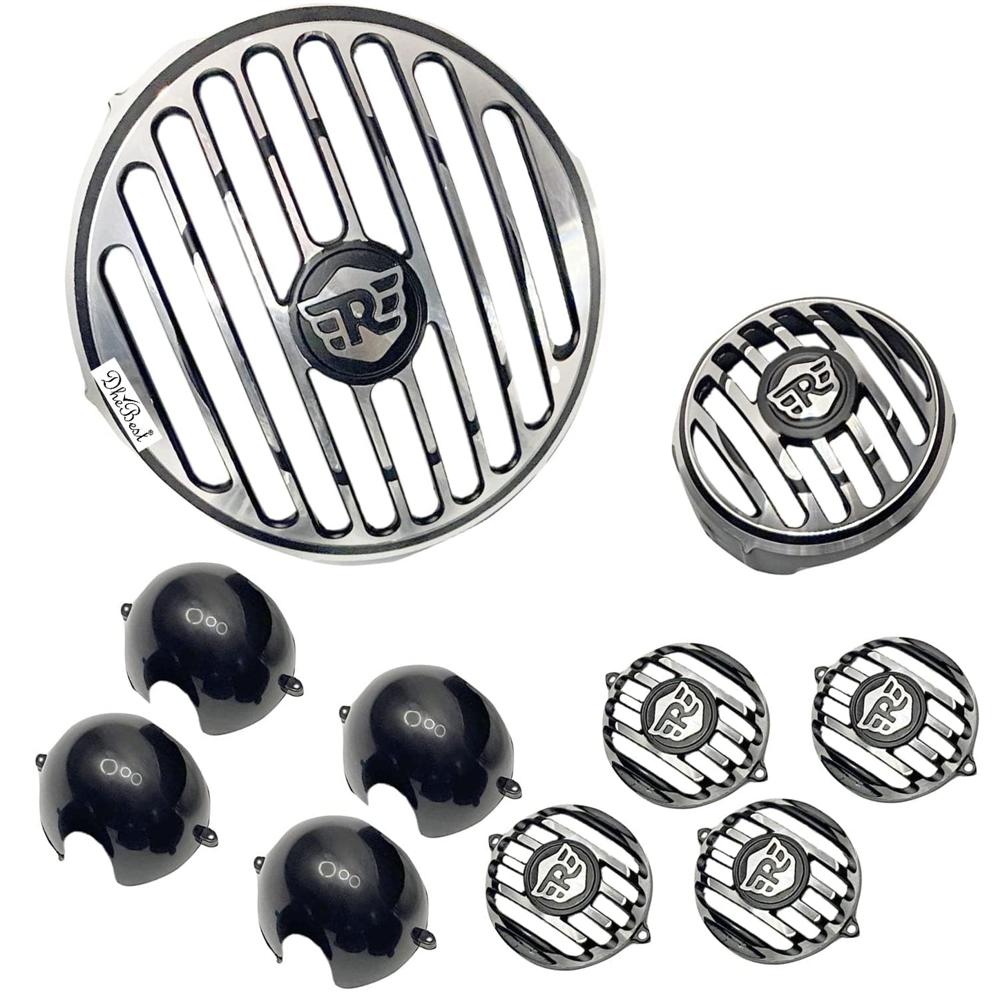 CNC Head Light Grill/Jalli + Indicator Cap and Headlight Indicator Grill Metal Black Set of 10 Compatible with Royal Enfield Hunter 350.
