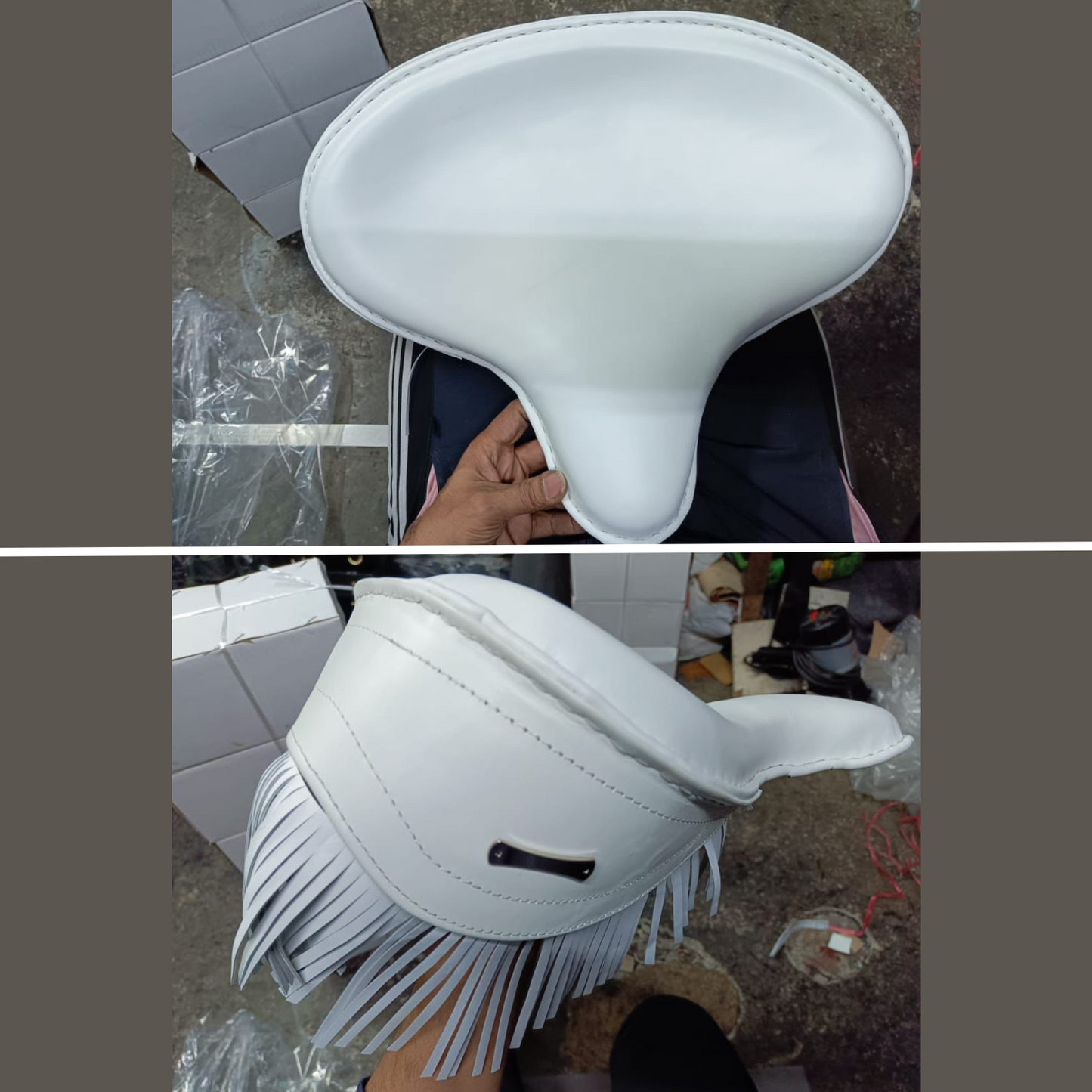 White Seat harley style with spring for Royal Enfield electra classic standard.