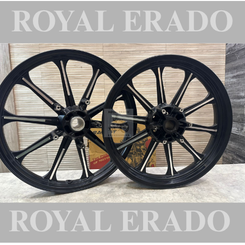 Royal Erado 9 spoke harley design alloy for  classic and thunderbird double disc alloy wheel front 19” disc and rear 15” disc for broad 150 number tyre for making bike chopper bobber
