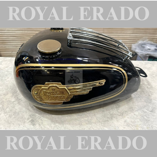 Royal enfield classic electra standard vintage g2 1962 old model bullet 350 big size 18 to 20 litter tank with brass double tank cap and brass tank monogram and chrome grill black painted