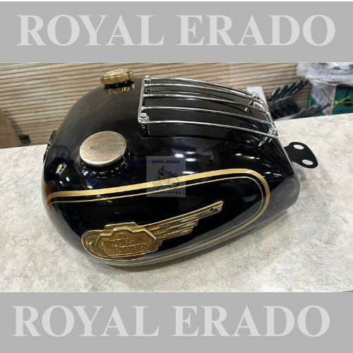 Royal enfield classic electra standard vintage g2 1962 old model bullet 350 big size 18 to 20 litter tank with brass double tank cap and brass tank monogram and chrome grill black painted