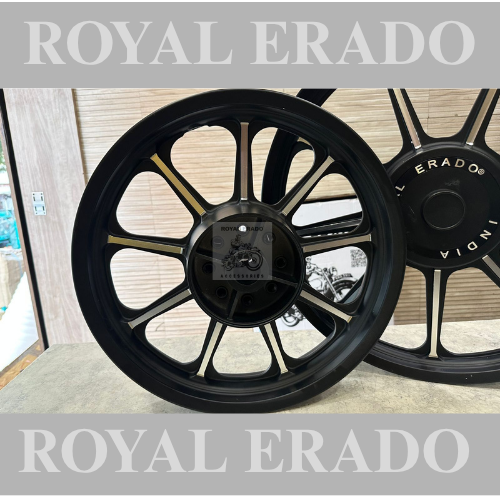 Royal Erado 9 spoke harley design alloy for  classic and thunderbird double disc alloy wheel front 19” disc and rear 15” disc for broad 150 number tyre for making bike chopper bobber