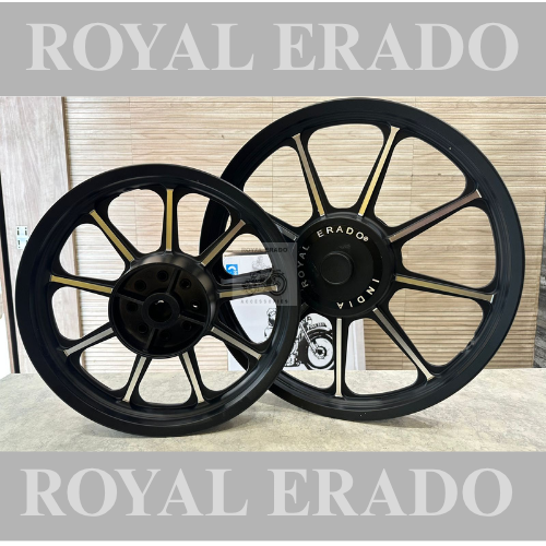 Royal Erado 9 spoke harley design alloy for  classic and thunderbird double disc alloy wheel front 19” disc and rear 15” disc for broad 150 number tyre for making bike chopper bobber