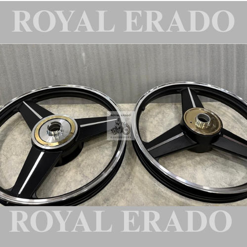 Royal enfield vintage style alloy wheel for standard abs and electra with front disc 19” and 19” drum with brass hub plates in Mercedes diamond design in black