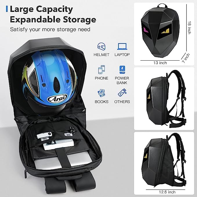 LED Backpack HELMET Bag Motorcycle Riding Backpack, Hard Shell Travel Bag LED Motorbike Luggage Bags High-Capacity Helmet