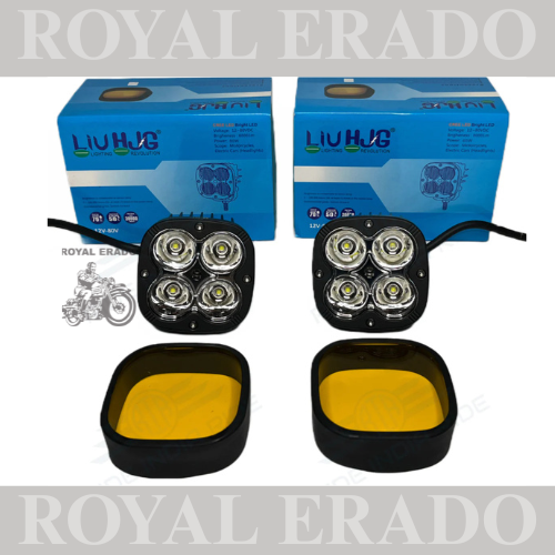 PAIR OF HJG UNIVERSAL 4 LED FOG light WITH YELOOW COVER  for royal enfield classic , electra , standard , JAWA , THAR , ETC