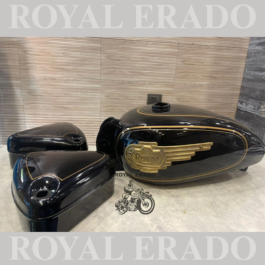 Vintage style tank and tool box for royal enfield g2 and old model standard & electra in metallic green   with brass monogram