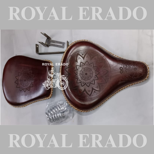 Royal Enfield vintage style Kabir Singh Engraved embossed design leather seat tan brown with spring old style g2 for Royal Enfield vintage style Kabir Singh Engraved embossed design leather seat tan brown with spring old style g2 for Classic & Electra.