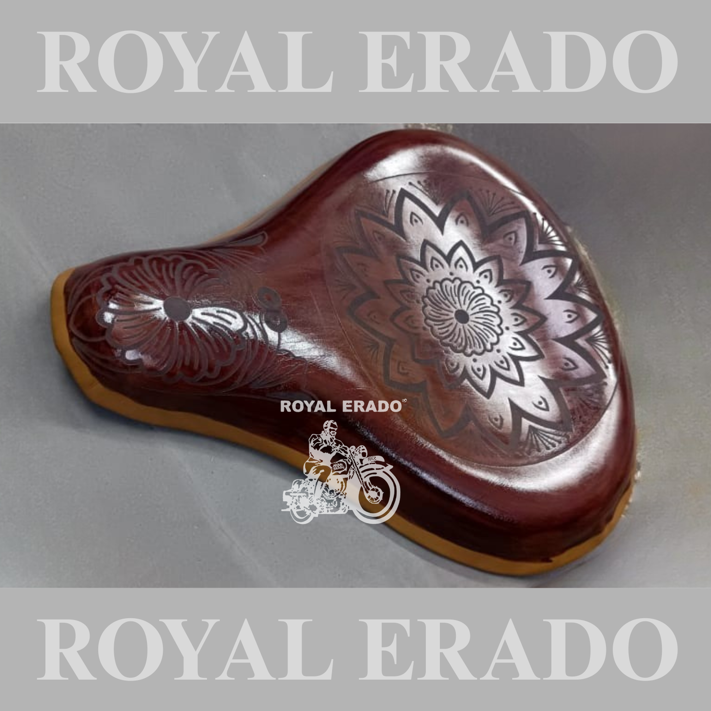 Royal Enfield vintage style Kabir Singh Engraved embossed design leather seat tan brown with spring old style g2 for Royal Enfield vintage style Kabir Singh Engraved embossed design leather seat tan brown with spring old style g2 for Classic & Electra.