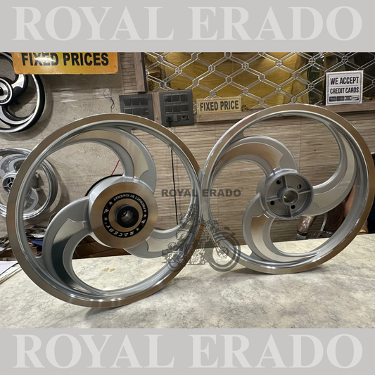 Kingway Raceby company silver alloy wheel 3 spoke 3S Talwar design alloy Royal Enfield Standard big drum alloy wheel